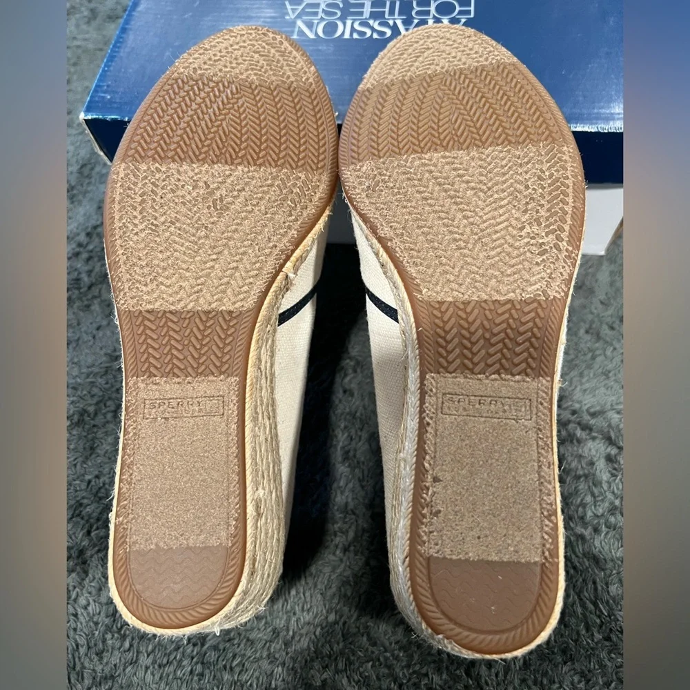 Sperry Cream Canvas Wedge Espadrilles with Navy Rope Detail
